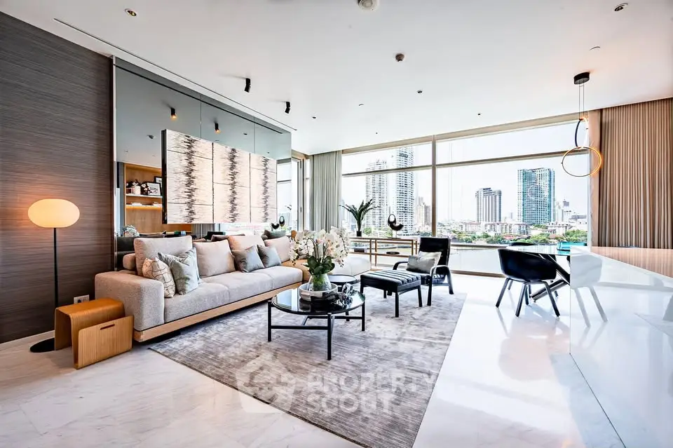 Luxurious modern living room with stunning city view and elegant decor
