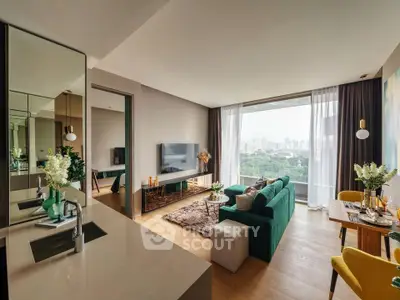 Luxurious modern living room with stunning city view and elegant decor