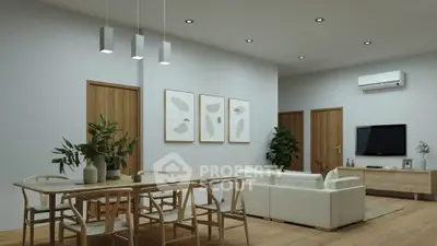 Modern living room with elegant dining area and stylish decor