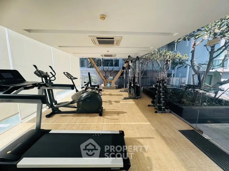 Modern gym with state-of-the-art equipment and floor-to-ceiling windows in a luxury building.