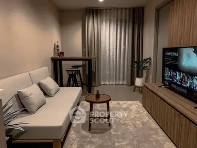 Cozy living room with modern decor and entertainment setup