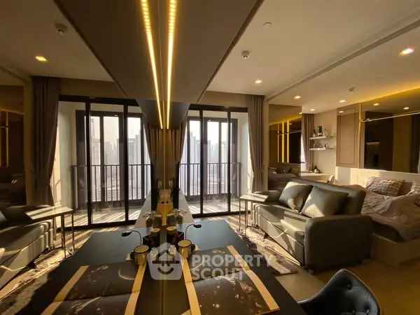 Luxurious living room with modern decor and expansive balcony view