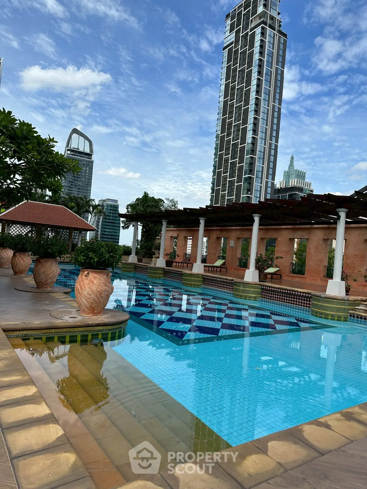 Luxurious rooftop pool with stunning cityscape views and elegant design.