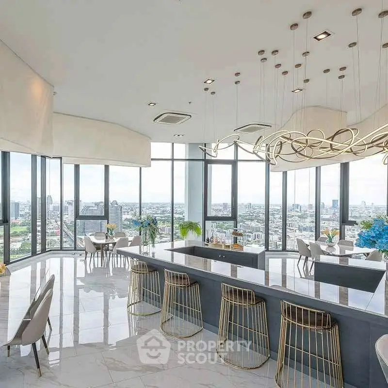 Luxurious modern living room with panoramic city views and elegant decor