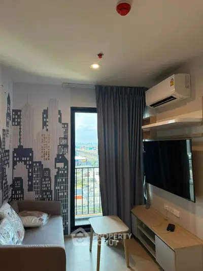 Modern living room with city view, stylish decor, and air conditioning