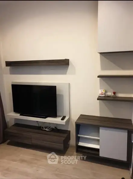 Modern living room with sleek TV stand and shelving units