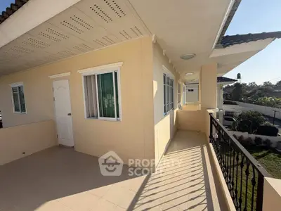 Spacious balcony with scenic view in modern residential building