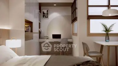 Modern bedroom with study area, featuring sleek furniture and natural light, perfect for urban living.