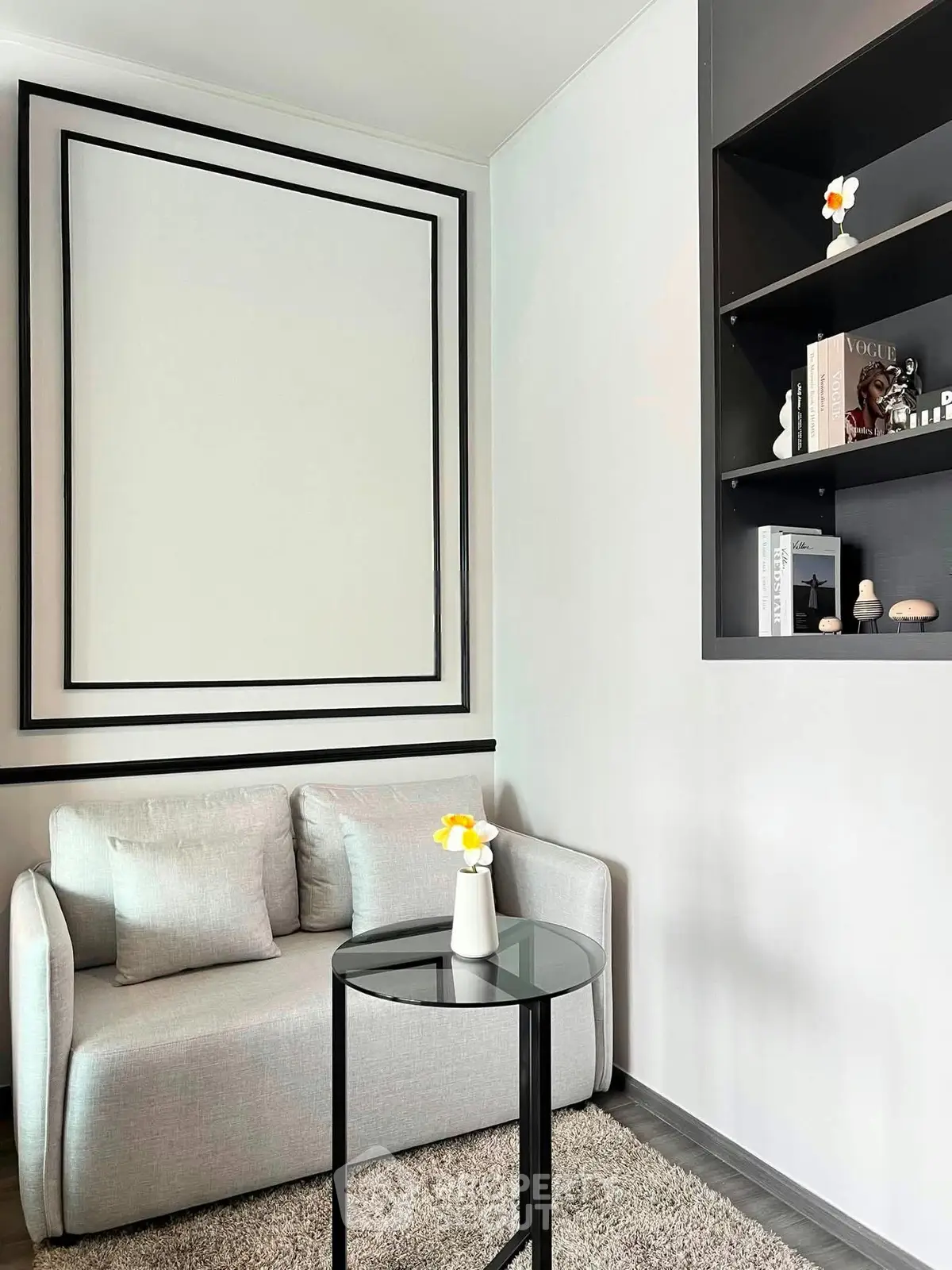 Modern living room with stylish decor and cozy seating area