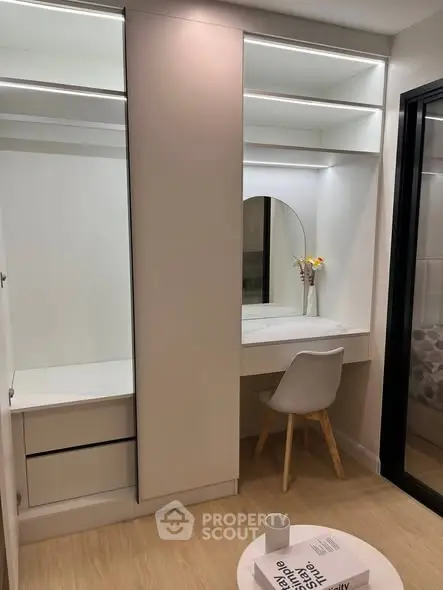 Modern bedroom with built-in wardrobe and stylish vanity area