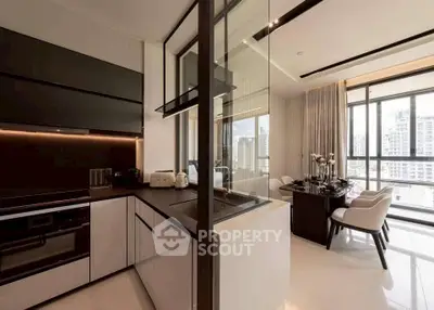 Modern kitchen with sleek design and city view, featuring open layout and high-end appliances.