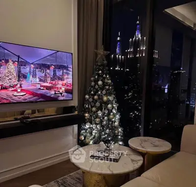 Luxurious living room with festive Christmas decor and stunning city view at night.
