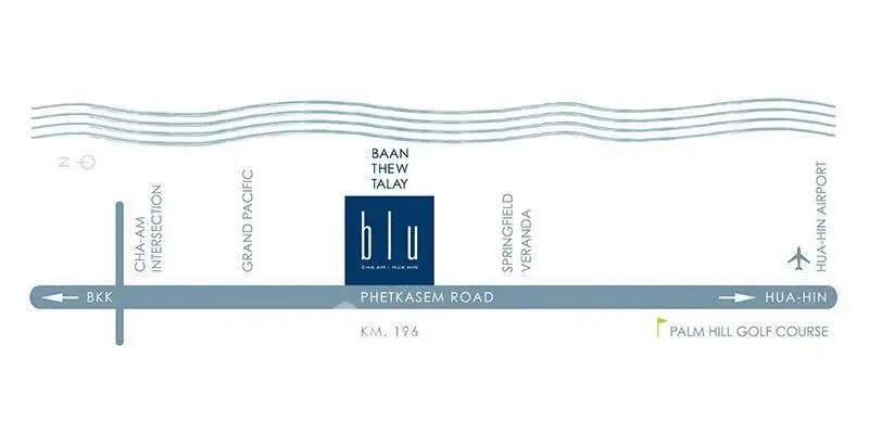 Map showing location of Blu Condominium near Hua Hin with nearby landmarks and roads.