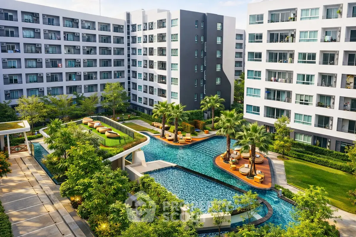 Luxurious apartment complex with stunning pool and lush garden views, perfect for modern living.