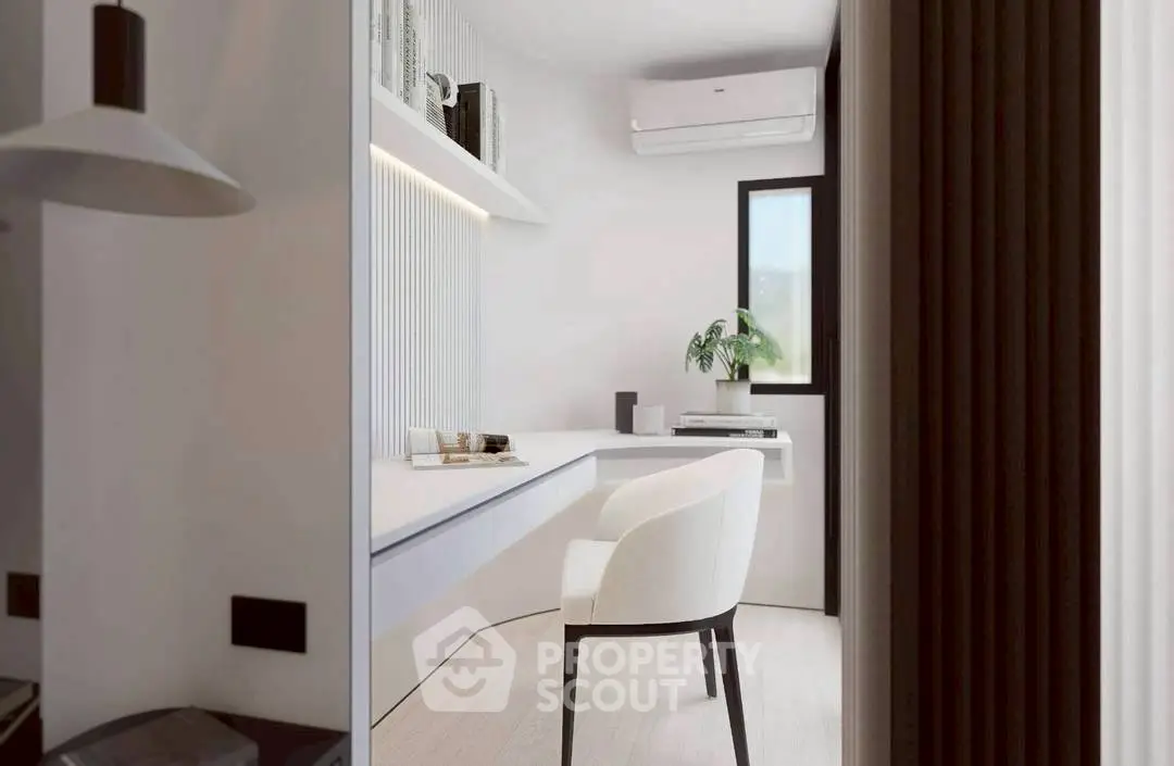 Modern minimalist study room with sleek design and natural light.