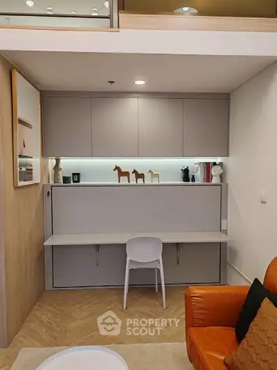 Modern living room with stylish decor and functional workspace