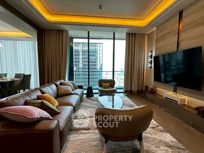 Luxurious living room with modern decor and stunning city view, featuring elegant furniture and ambient lighting.
