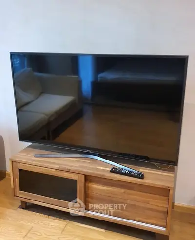 Modern living room with sleek TV on wooden stand and cozy sofa, perfect for relaxation.