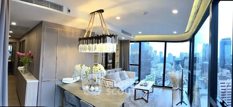 Luxurious modern living room with panoramic city view and elegant dining area