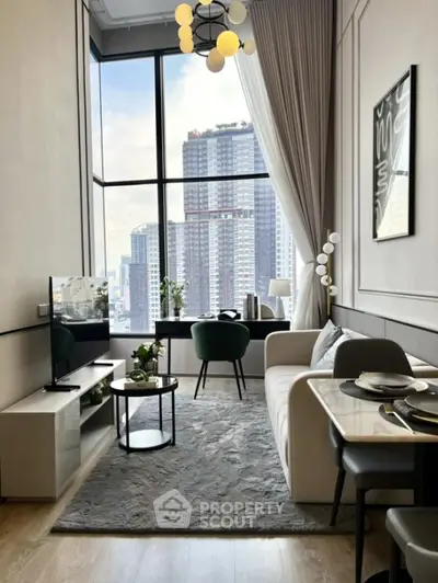 Luxurious modern living room with stunning city view and elegant decor