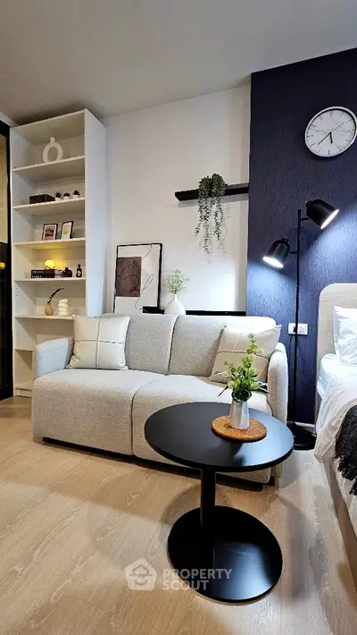 Modern living room with stylish decor and cozy seating area