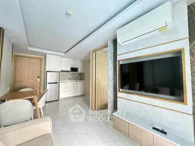 Modern living room with sleek kitchen and stylish decor