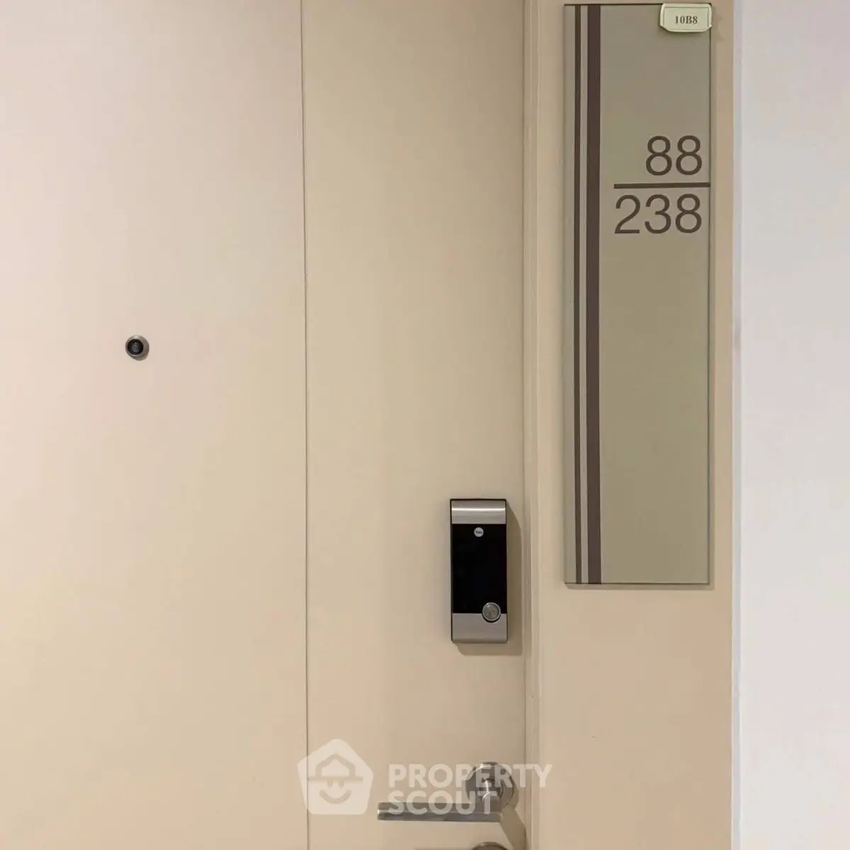 Modern apartment door with electronic lock and room number 88 238