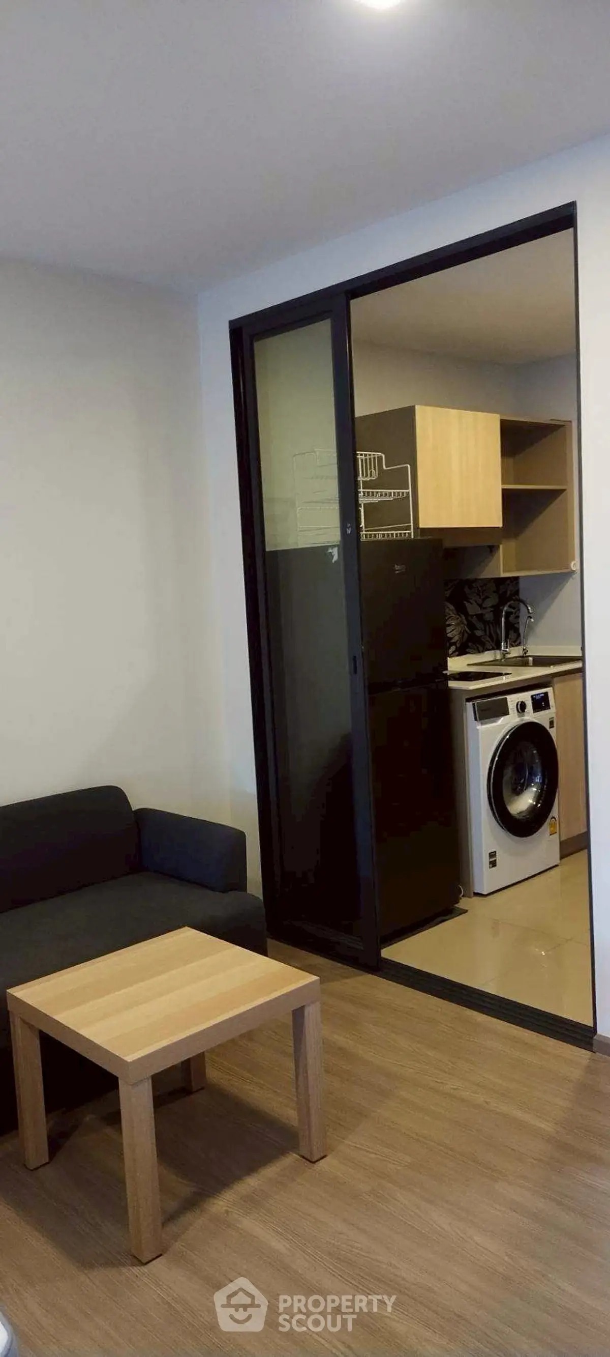 Modern apartment with cozy living area and compact kitchen featuring washing machine.