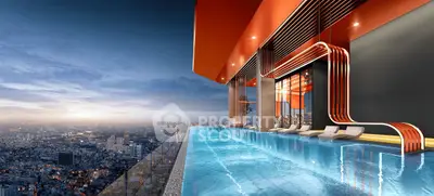 Luxurious rooftop infinity pool with stunning city skyline view at sunset.