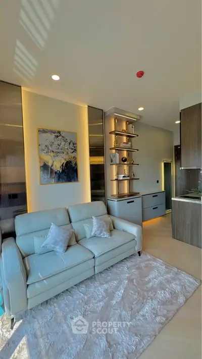 Modern living room with elegant decor and cozy seating area