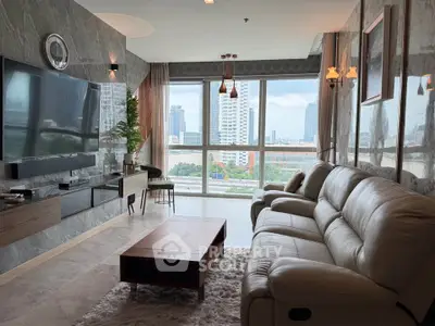 Luxurious living room with stunning city view, featuring modern decor and plush seating for ultimate comfort.
