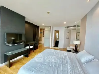 Spacious modern bedroom with sleek design and ample natural light