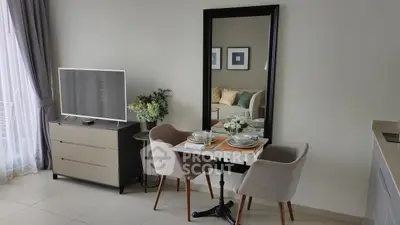 Stylish modern living room with dining area and TV setup