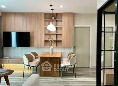 Modern living room with stylish dining area and wooden accents, perfect for contemporary urban living.