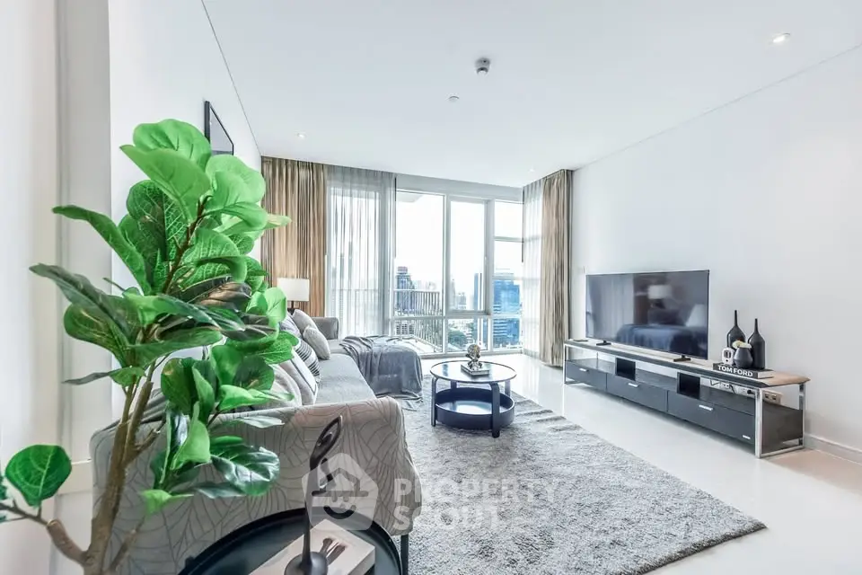 Spacious modern living room with city view and stylish decor