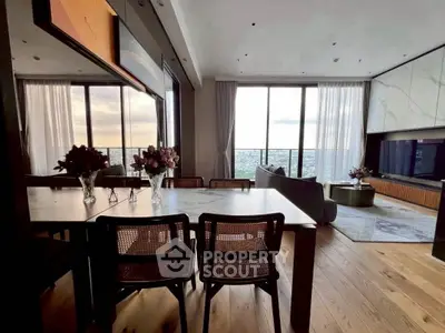 Luxurious modern living room with panoramic city view and elegant dining area.
