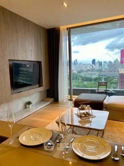 Luxurious living room with stunning city view and elegant dining setup