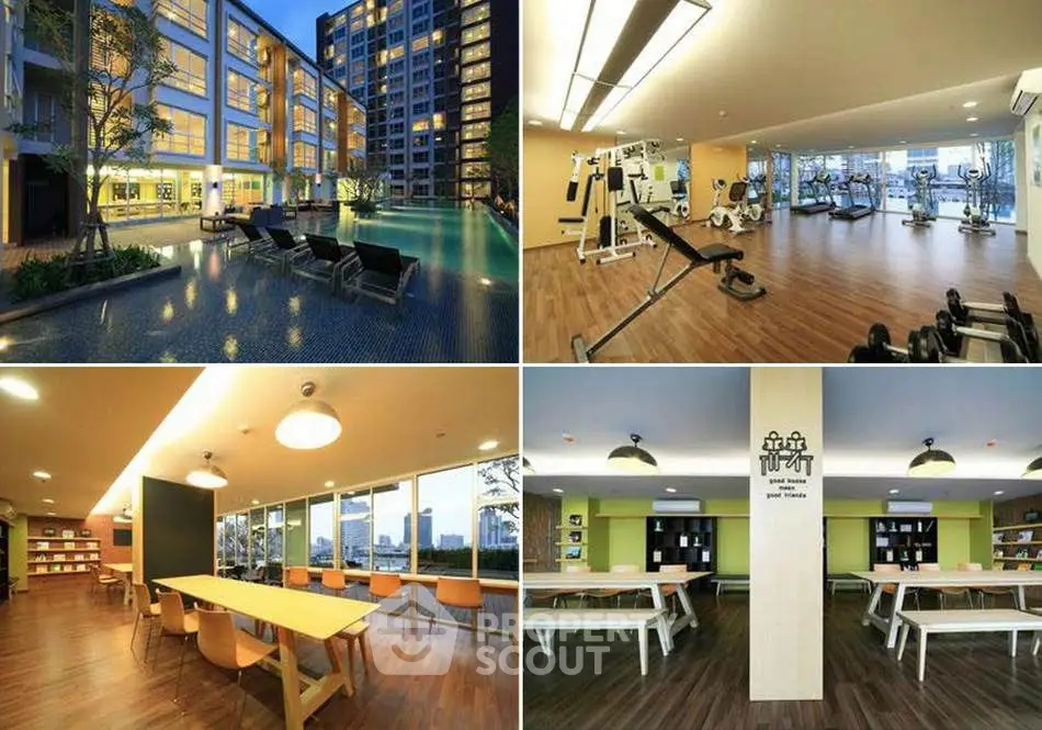 Luxurious condo amenities with pool, gym, and library for modern living.