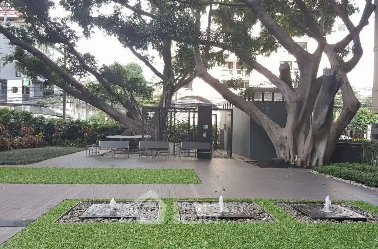 Lush garden area with fountains and seating under large trees, perfect for relaxation.
