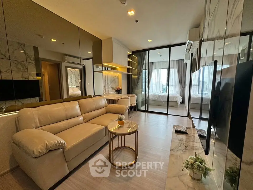 Luxurious modern living room with elegant decor and city view