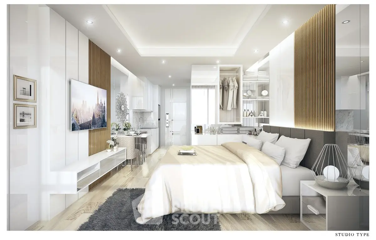 Luxurious studio apartment with modern design, featuring open layout, elegant decor, and ample natural light.