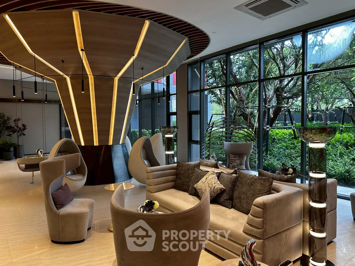 Luxurious modern living room with unique lighting and garden view