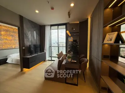 Luxurious modern living room with city view, open layout, and elegant decor