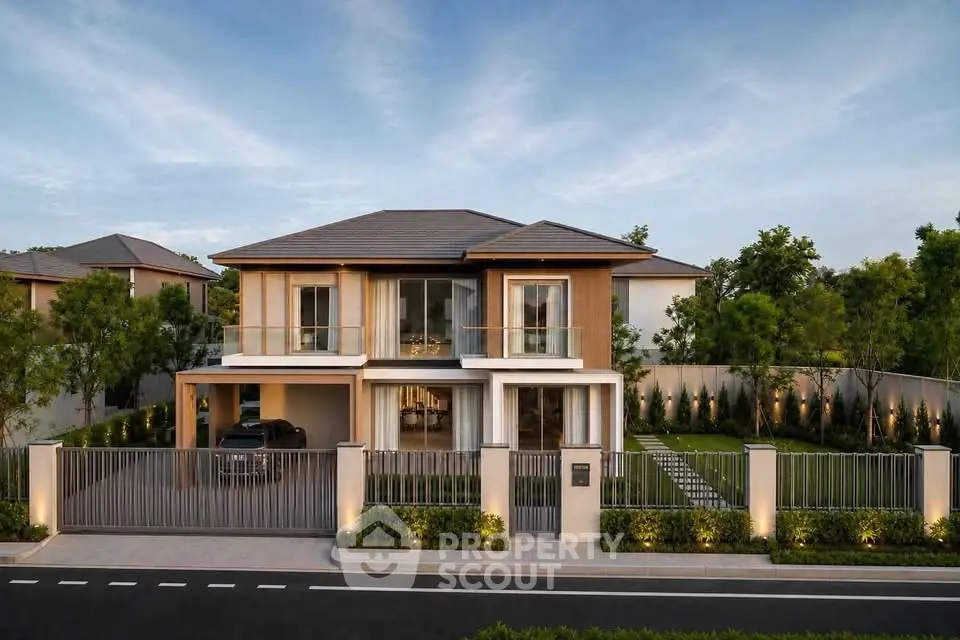 Luxurious modern two-story house with spacious garden and sleek design, perfect for upscale living.