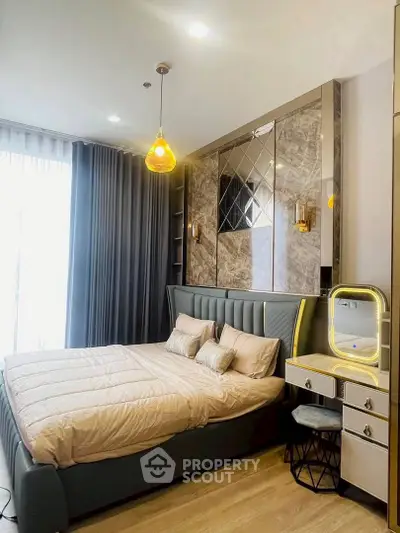 Luxurious modern bedroom with elegant decor and ambient lighting