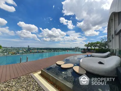 Luxurious rooftop pool with stunning city skyline view and modern seating area.