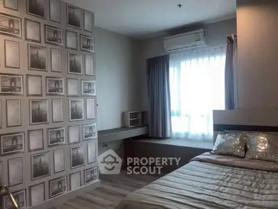 Modern bedroom with stylish wallpaper and natural light