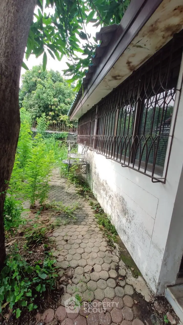 Charming rustic exterior with lush greenery and paved walkway