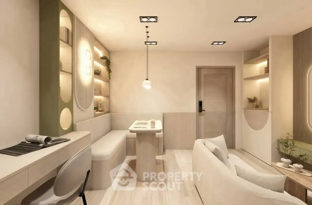 Modern living room with elegant decor and cozy seating area, featuring stylish lighting and a sleek design.