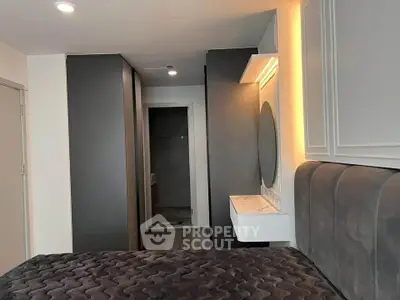 Modern bedroom with sleek design and built-in storage, featuring a cozy bed and ambient lighting.